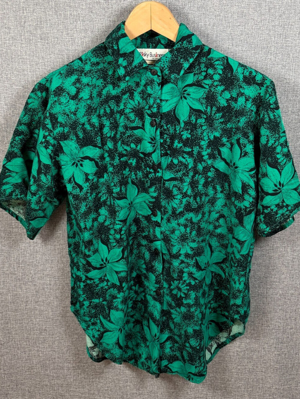 VTG Risky Business California Women's Teal Green Floral Button Up Blouse Size L